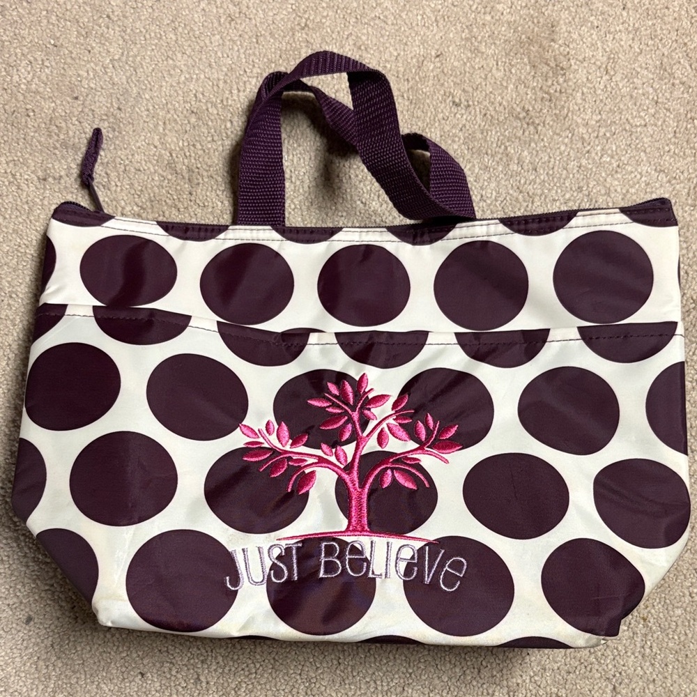 31 Purple Polka Dot lunch Bag with Pink Tree Embroidery - Just Believe insulated